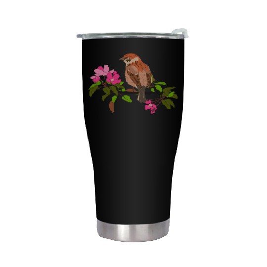 Sparrow on a branch pink flowers of an apple tree Stainless Steel Tumblers