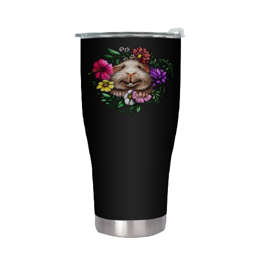 Smooth Hair Guinea Pig With Colorful Flowers Stainless Steel Tumblers
