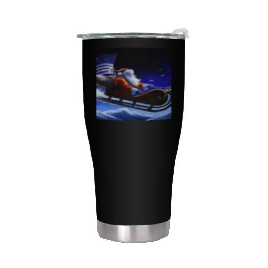 Patriotic Christmas Santa Claus With Sled And US Stainless Steel Tumblers