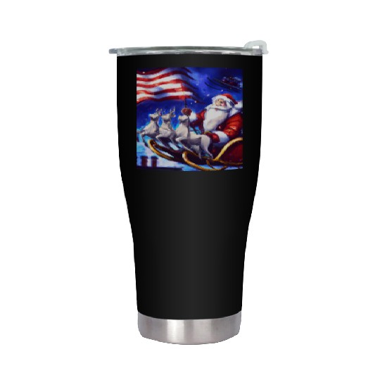 Patriotic Christmas Santa With US Flag Sled And Stainless Steel Tumblers