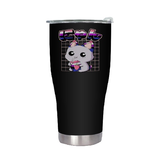 Genderfluid Pride Kawaii Cat Strawberry Milk Stainless Steel Tumblers