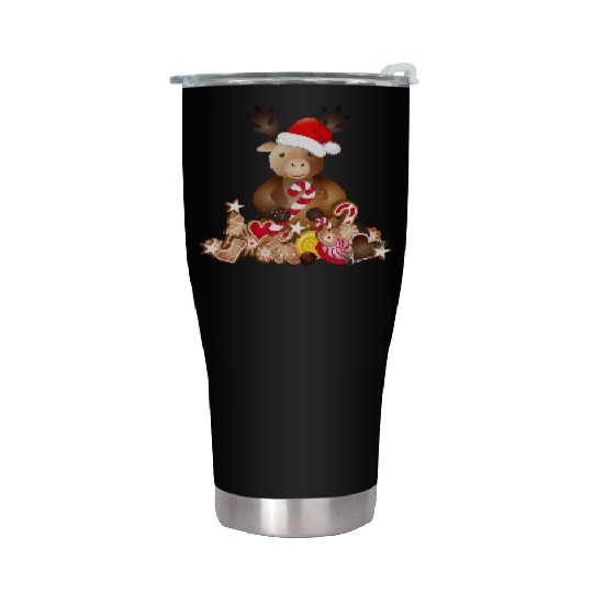 cute reindeer for christmas with santa hat Stainless Steel Tumblers