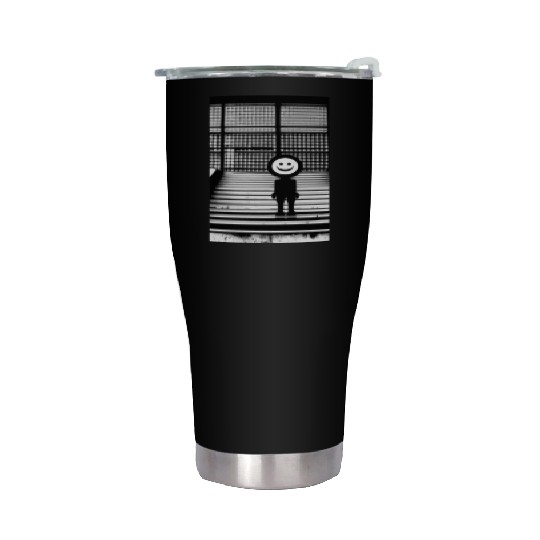 Smiley Face in Stainless Steel Tumblers Standing on the Steps Street
