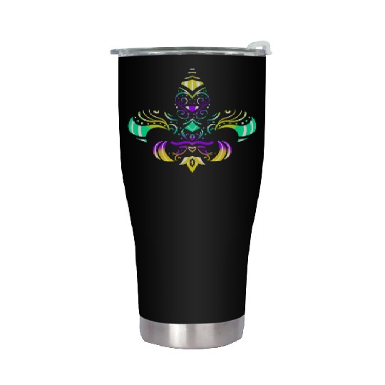 Purple, Green And Golden Patterned Fleur De Lis Stainless Steel Tumblers