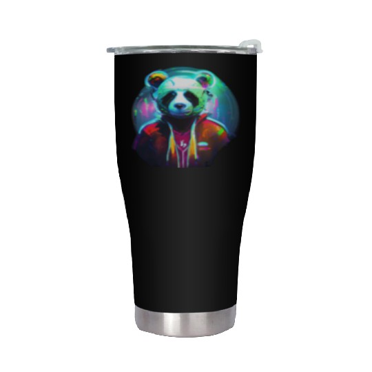 Panda in a neon paradise Stainless Steel Tumblers
