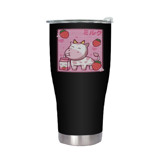 Kawaii Pink Strawberry Cow Milk Shake Otaku Anime Stainless Steel Tumblers