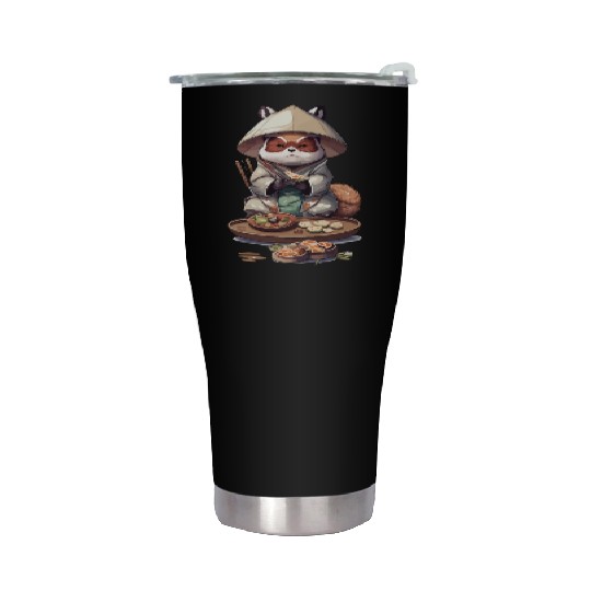Tanuki Warrior Eat Sushi Stainless Steel Tumblers