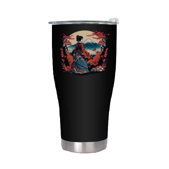 Mount Fuji Fujisan Fujiyama Floral Geisha Stainless Steel Tumblers