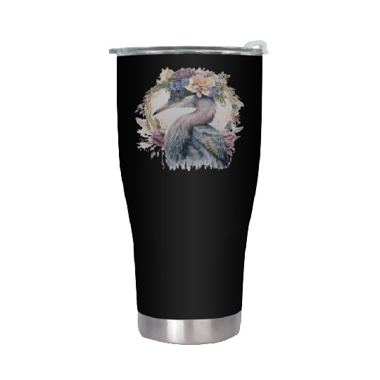 Watercolor Heron Freshwater Bird Watching Flower C Stainless Steel Tumblers