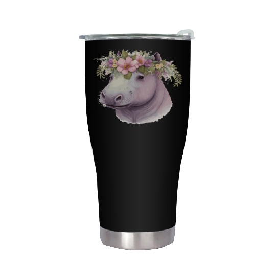 Watercolor Hippotamus Flower Crown Floral Pastel A Stainless Steel Tumblers