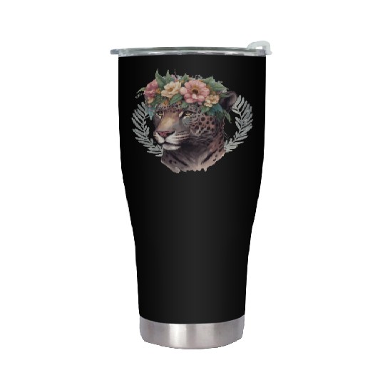 Watercolor Jaguar Flower Crown Wild Cat Lover Stainless Steel Tumblers