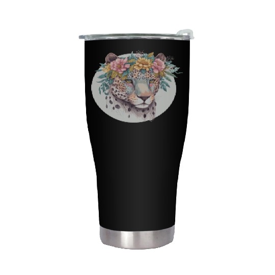 Floral Jaguar Flower Crown Watercolor Animal Stainless Steel Tumblers