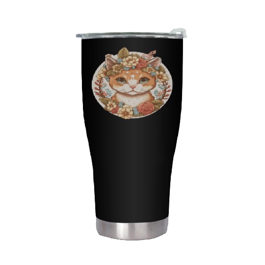 Cottagecore Cute Baby Cat Kitten Flower Stainless Steel Tumblers