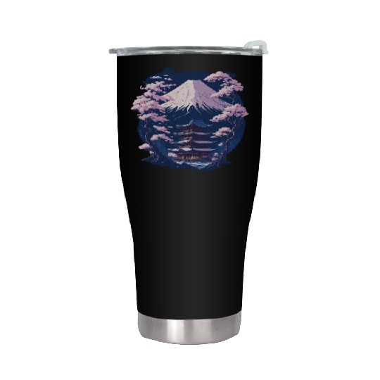 Mount Fuji and a Temple With Cherry Blossoms Stainless Steel Tumblers