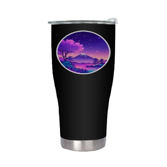 Japan Mount Fuji Night Sky Lo-Fi Art Retro Purple Stainless Steel Tumblers