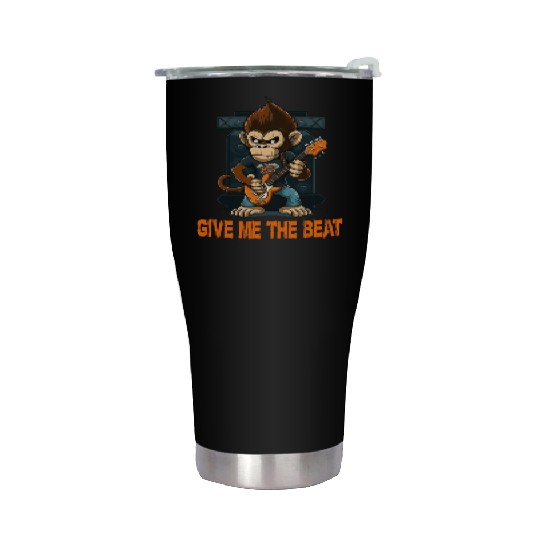 Monkey Chimpanzee Playing Acousitc Rock Guitar Stainless Steel Tumblers
