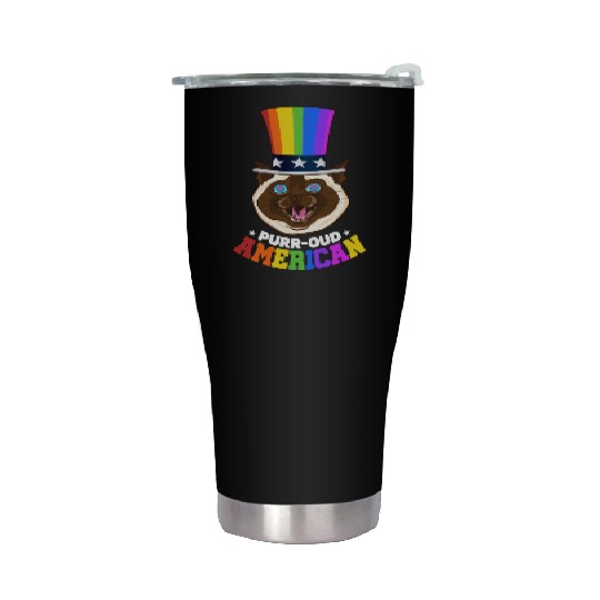 Purr-oud American 4th of July Rainbow Cat Feline Stainless Steel Tumblers