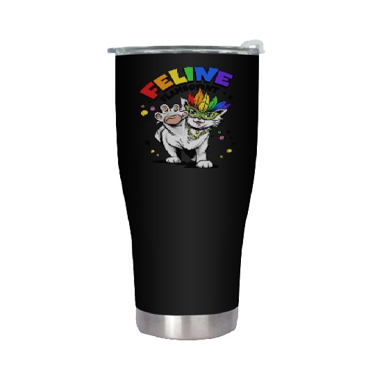 Feline Flamboyant Mardi Gras Bead Rainbow Cat LGBT Stainless Steel Tumblers