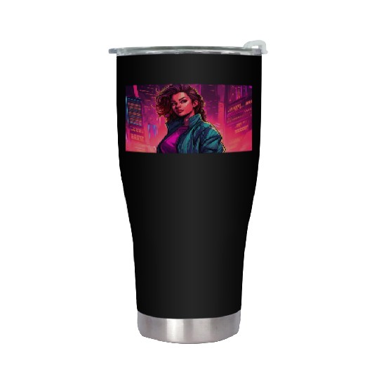Girl in front of a Neon Pink Cityscape Stainless Steel Tumblers