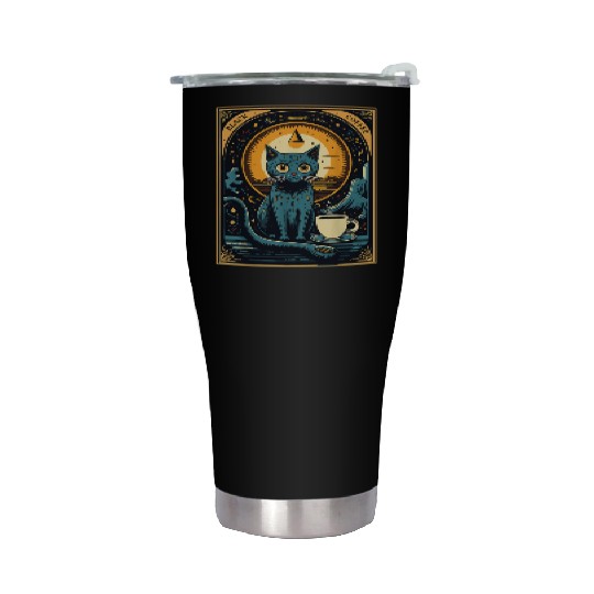 Black Coffee Cat Tarot Card Occult Stainless Steel Tumblers