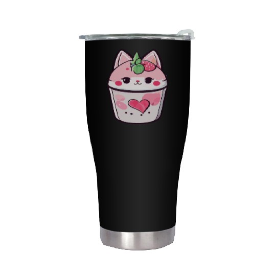 Cat Strawberry Milk Shake Kawaii Stainless Steel Tumblers