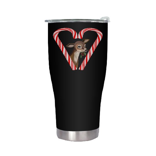 Baby Deer Peeking from Candy Cane Heart Stainless Steel Tumblers