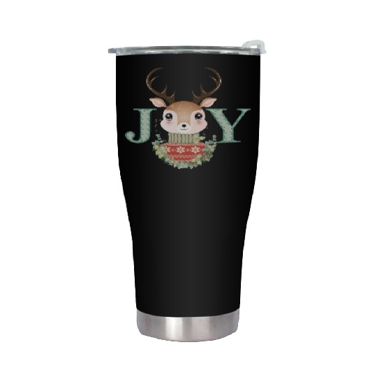 cute deer with sweater and Christmas wreath Stainless Steel Tumblers