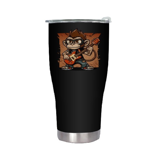 Monkey Chimpanzee Playing Acousitc Rock Guitar Stainless Steel Tumblers