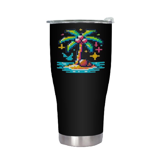 Digital Beach Getaway: Pixel Palm Paradise Stainless Steel Tumblers