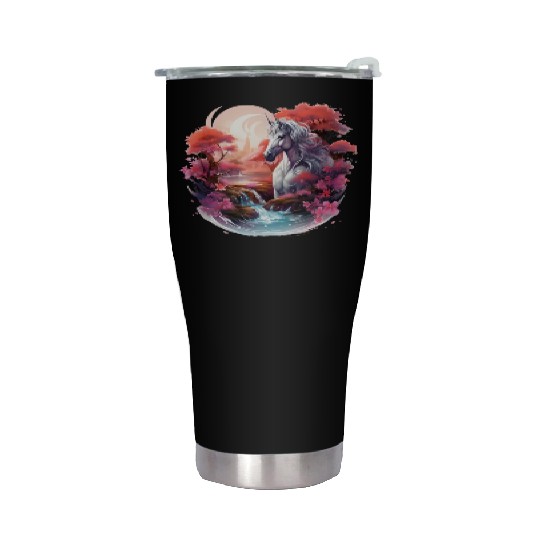 Joyful unicorn scene with a smiling unicorn Stainless Steel Tumblers