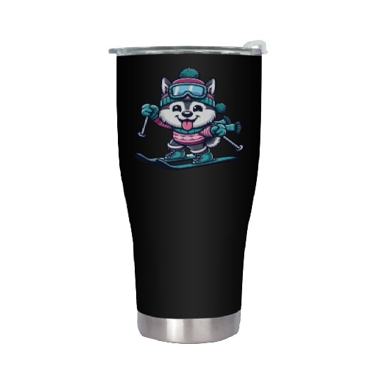 Husky on Skis - Funny Comic Winter Sports Stainless Steel Tumblers