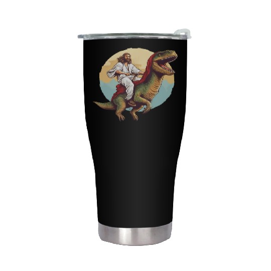 Jesus Riding a Dinosaur Meme Dino Lover Stainless Steel Tumblers
