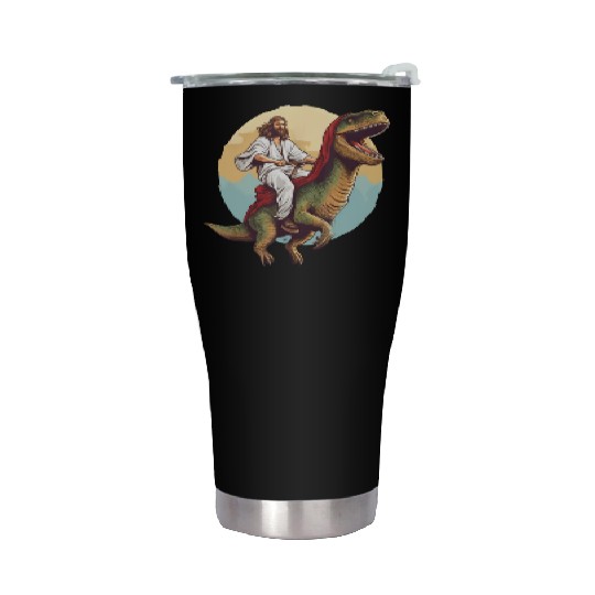 Jesus Riding a Dinosaur Meme Dino Lover Stainless Steel Tumblers