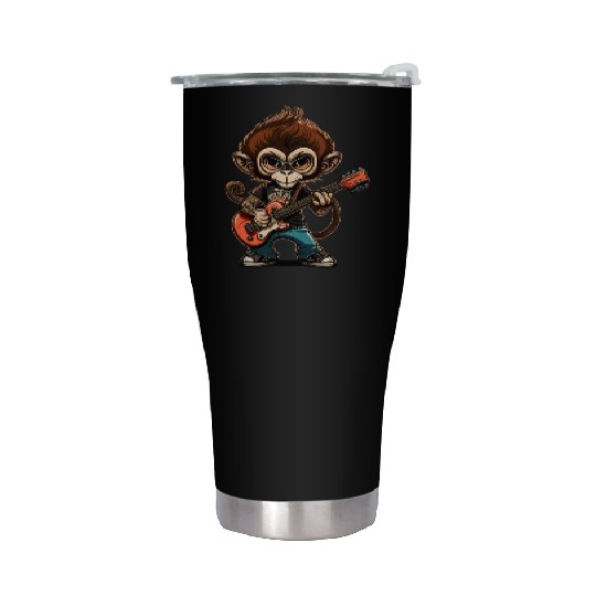 Monkey Chimpanzee Playing Acousitc Rock Guitar Stainless Steel Tumblers