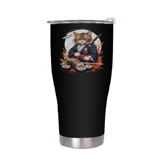 Cat Samurai Sushi Stainless Steel Tumblers