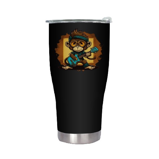 Monkey Chimpanzee Playing Acousitc Rock Guitar Stainless Steel Tumblers