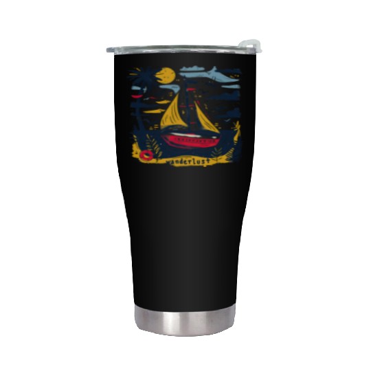 Wanderlust Sailing Boat in The Sea Colorful Print Stainless Steel Tumblers
