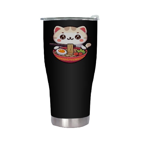 Cute Cat Eating Ramen Stainless Steel Tumblers