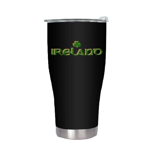 Ireland Celtic Text Shamrock in Green White & Gold Stainless Steel Tumblers