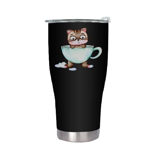 Surprised Silly Cat Wearing Coffee Cup Stainless Steel Tumblers