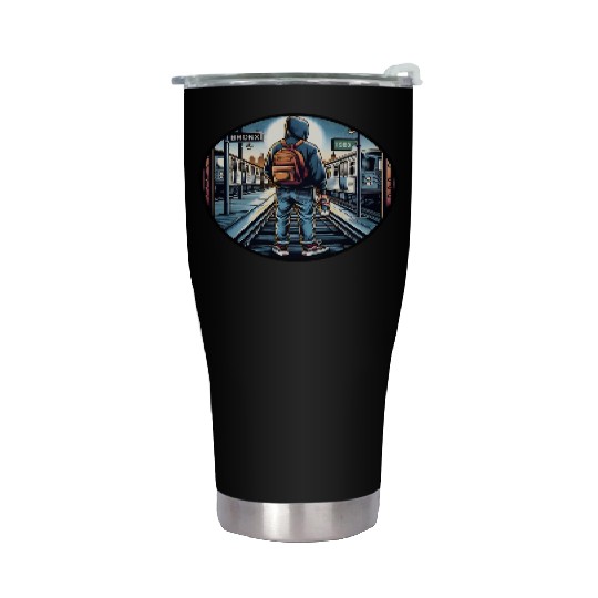 AI Teen in Outdoor Subway Yard - Circle Border Stainless Steel Tumblers