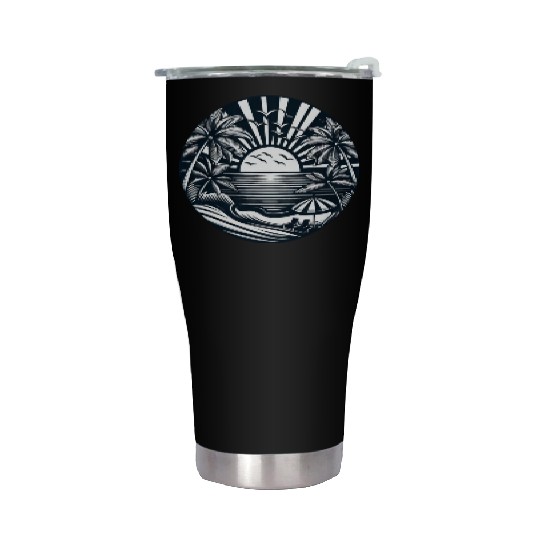 Vacation summer sun beach palms silhouette Stainless Steel Tumblers