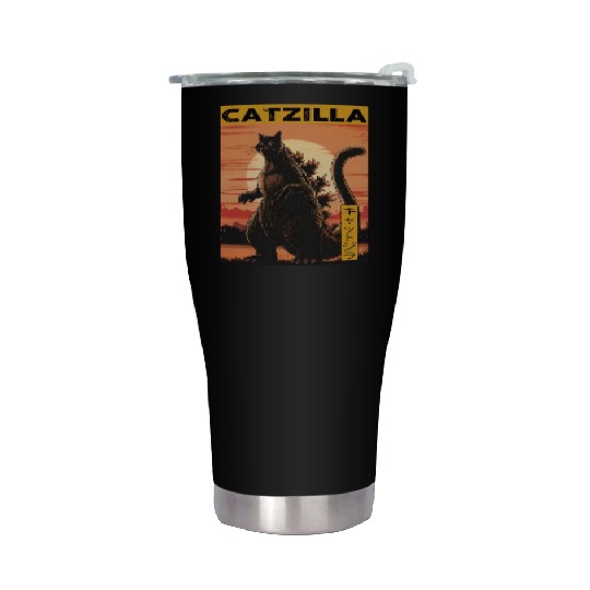 Catzilla Vintage Funny Cute Cat Art Japanese Sunse Stainless Steel Tumblers