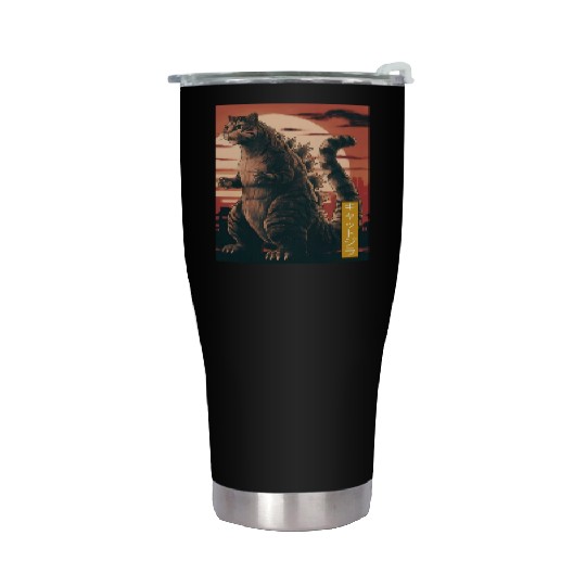 Funny Cute Cat Art Japanese Sunset Retro Catzilla Stainless Steel Tumblers