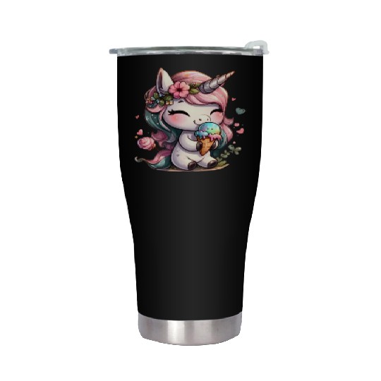 Chibi Unicorn Eating Ice Cream Stainless Steel Tumblers