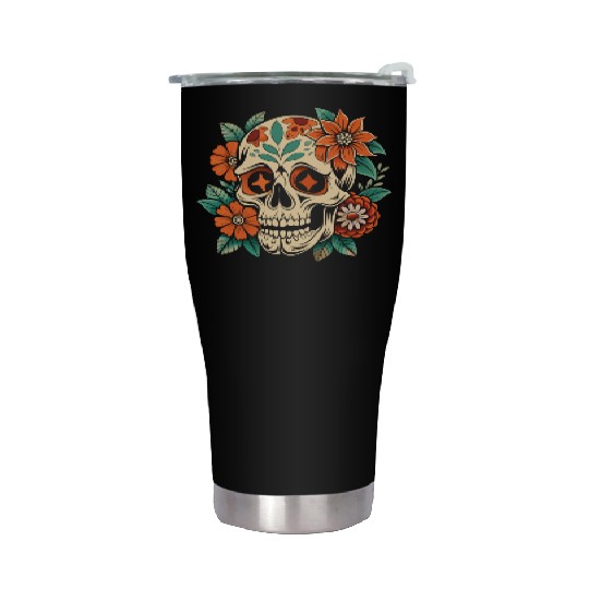 Vintage Retro Halloween Sugar Skull with floral Stainless Steel Tumblers