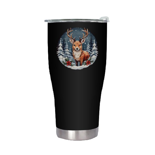 Christmas Deer with Poinsettia and Snow Stainless Steel Tumblers