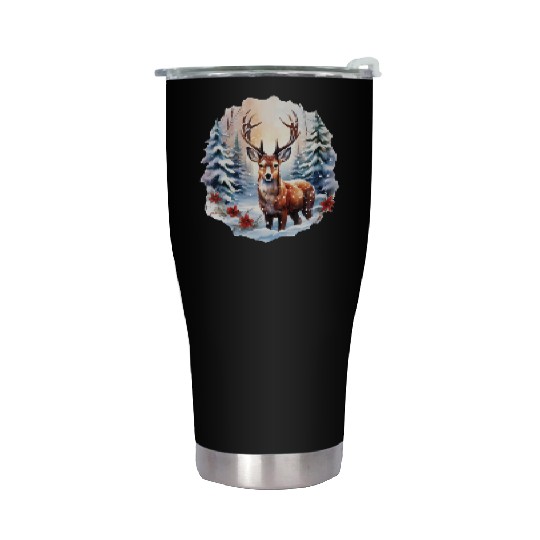 Christmas Deer with Poinsettia and Snow Stainless Steel Tumblers