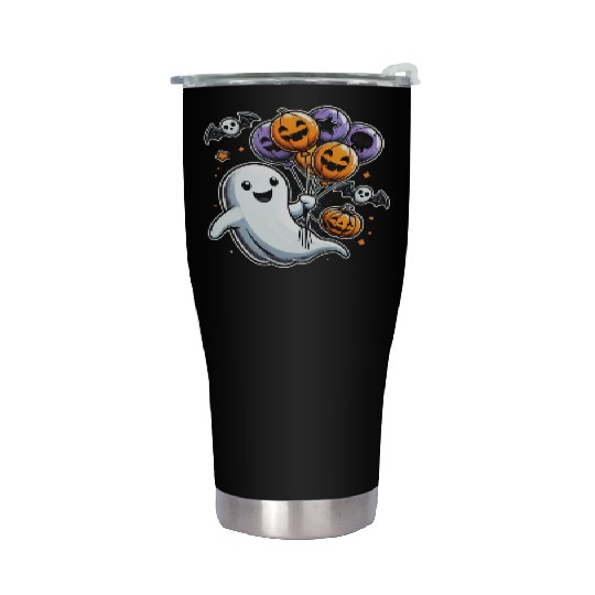 Happy Ghost with Halloween Balloons and Bats Stainless Steel Tumblers