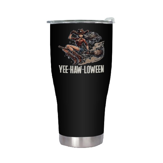 Funny Cowgirl on Broom Halloween Stainless Steel Tumblers